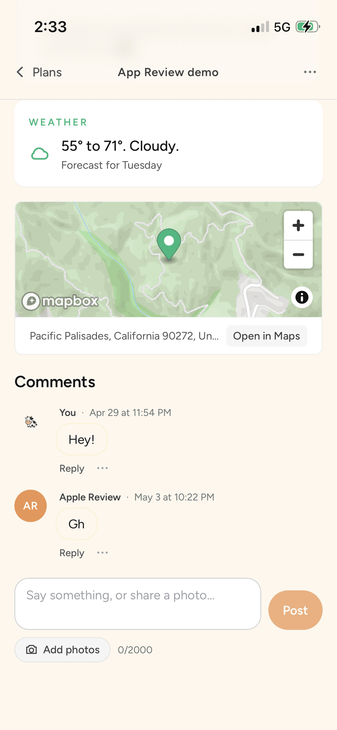 An event page showing the forecast, a map, and comments